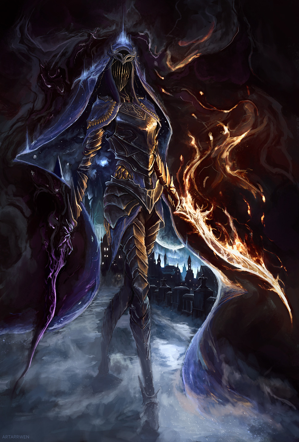 1girl, armor, artarrwen, commentary, covered_face, cuirass, dancer_of_the_boreal_valley, dark_souls_(series), dark_souls_iii, english_commentary, flaming_sword, flaming_weapon, full_armor, gauntlets, gold_aura, greaves, helm, helmet, highres, holding, holding_sword, holding_weapon, jewelry, looking_at_viewer, pauldrons, scimitar, shoulder_armor, solo, sword, veil, weapon