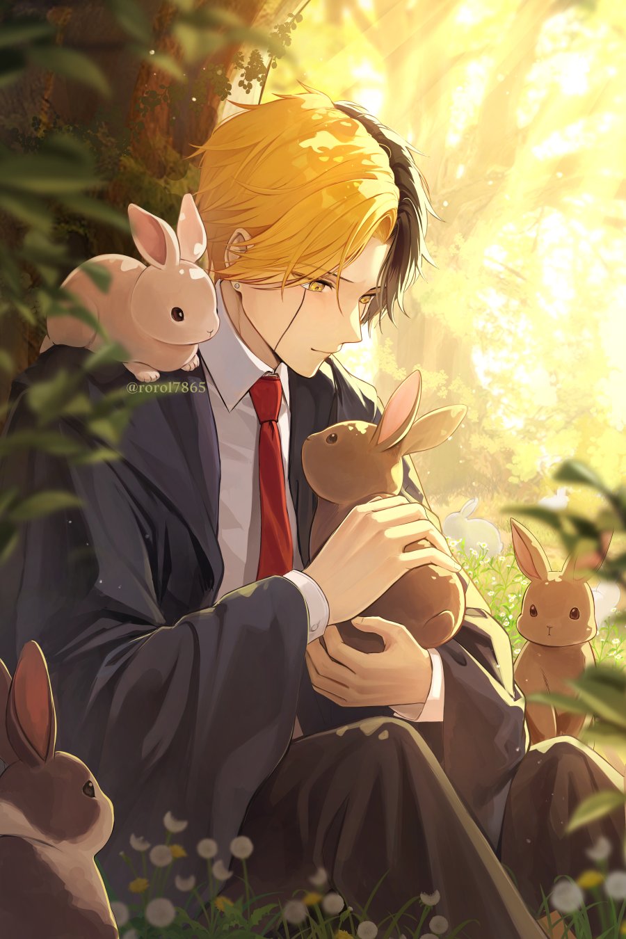 1boy, black_hair, black_robe, blonde_hair, collared_shirt, facial_mark, forest, highres