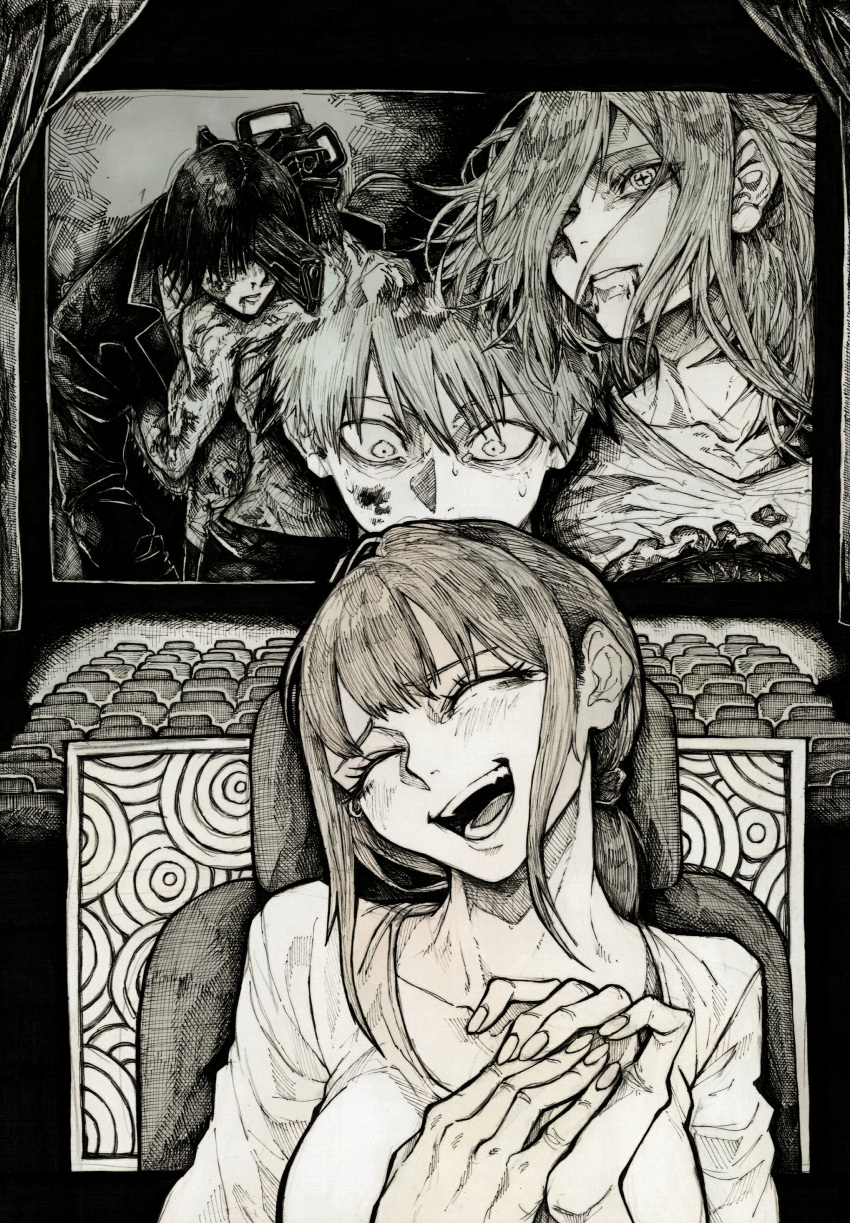 2boys, 2girls, absurdres, black_hair, black_suit, blood, blood_on_face, chainsaw_man