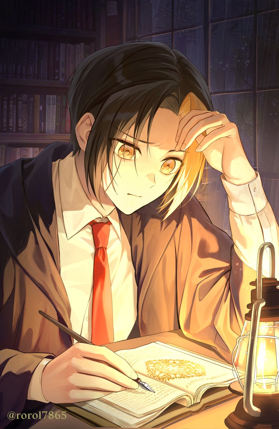 1boy, black_hair, black_robe, book, bookshelf, collared_shirt, facial_mark, finn_ames