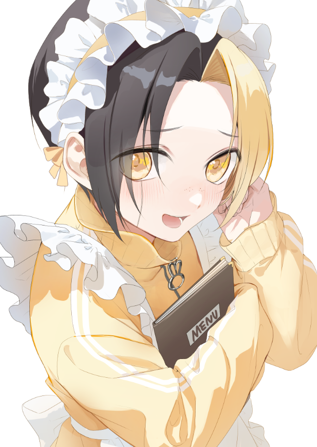 1boy, apron, black_hair, finn_ames, girly_boy, long_sleeves, looking_at_viewer, maid