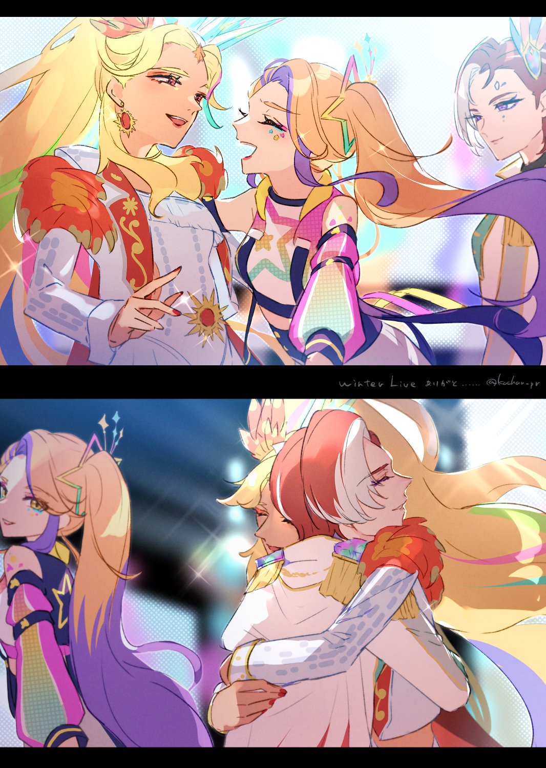 3girls, :d, blonde_hair, closed_eyes, closed_mouth, commentary_request, crop_top, earrings