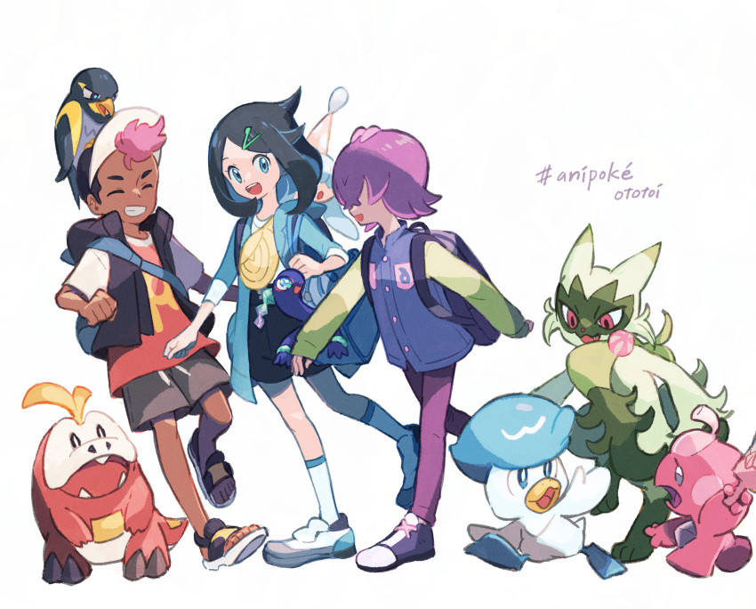 1boy, 2girls, bag, black_hair, black_shorts, blue_eyes, closed_mouth, dark-skinned_male
