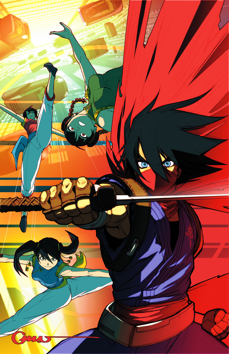 1boy, 3girls, bare_arms, bei_pooh, bell, belt, black_hair, blue_eyes, braid, breasts, brown_hair, building, capri_pants, chinese_clothes, city, clenched_hand, energy_sword, fingerless_gloves, flying_car, flying_kick, gloves, gymnastics, hair_bell, hair_ornament, highres, holding, holding_weapon, kicking, multiple_girls, ninja, no_socks, omar_dogan, pants, plasma_sword, red_eyes, red_sash, red_scarf, sai_pooh, sash, scarf, signature, skyscraper, split, strider_(video_game), strider_hiryuu, sword, teeth, ton_pooh, twin_braids, twintails, weapon