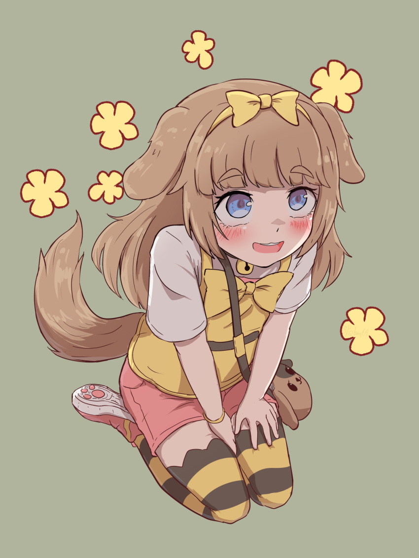 1girl, animal_ears, bag, bell, blue_eyes, blush, bow, bracelet