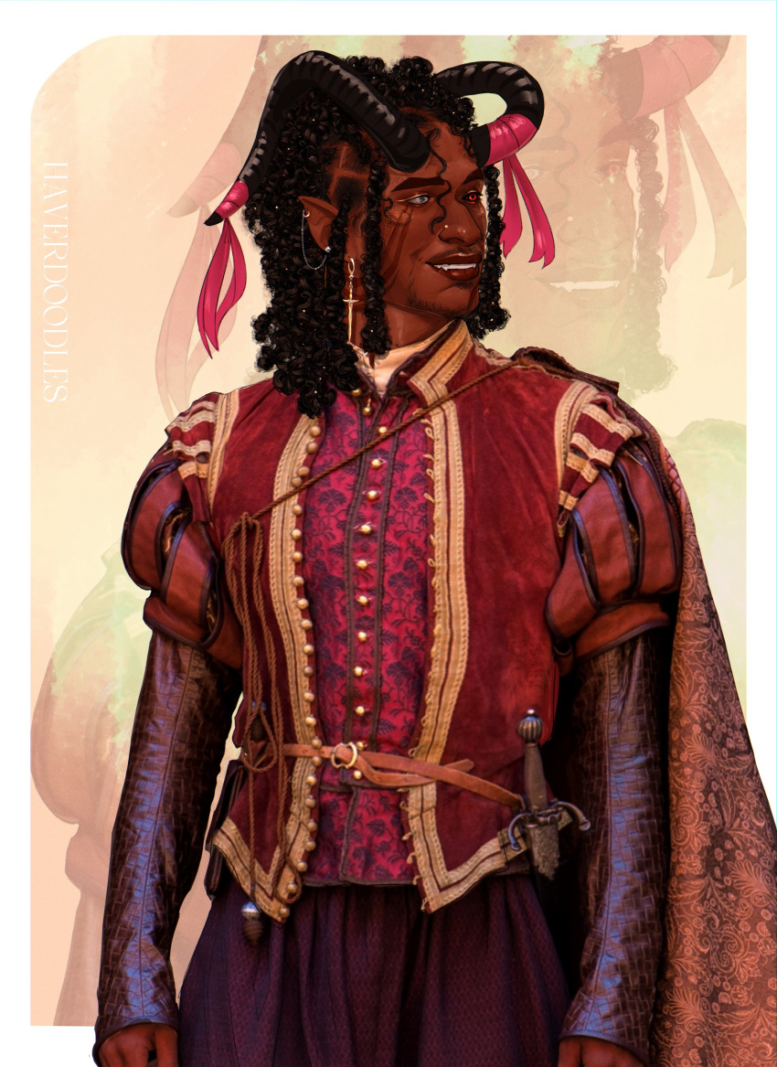 1boy, absurdres, baldur's_gate, baldur's_gate_3, braid, close-up, cross_earring, curly_hair