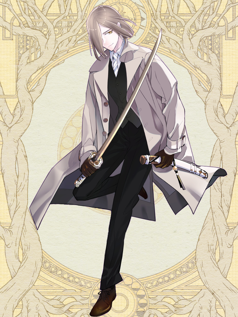 1boy, black_pants, black_vest, blue_necktie, blunt_ends, brown_footwear, brown_gloves, brown_hair, closed_mouth, coat, collared_shirt, cross-laced_footwear, dairoku_ryouhei, ear_piercing, frank_blood, gloves, grey_coat, hair_over_one_eye, holding, holding_sheath, holding_sword, holding_weapon, katana, male_focus, medium_hair, necktie, open_clothes, open_coat, pants, piercing, sajitara_shiori, sheath, shirt, shoes, smile, solo, standing, standing_on_one_leg, striped_necktie, sword, vest, weapon, white_shirt, yellow_eyes