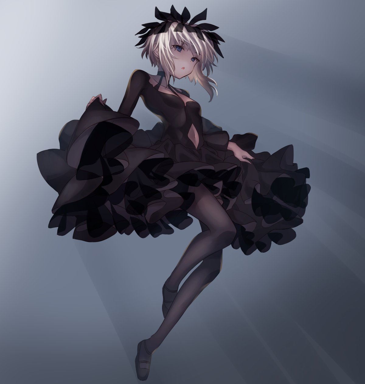 1girl, am_isuel, black_dress, black_footwear, black_pantyhose, breasts, cleavage_cutout, clothing_cutout