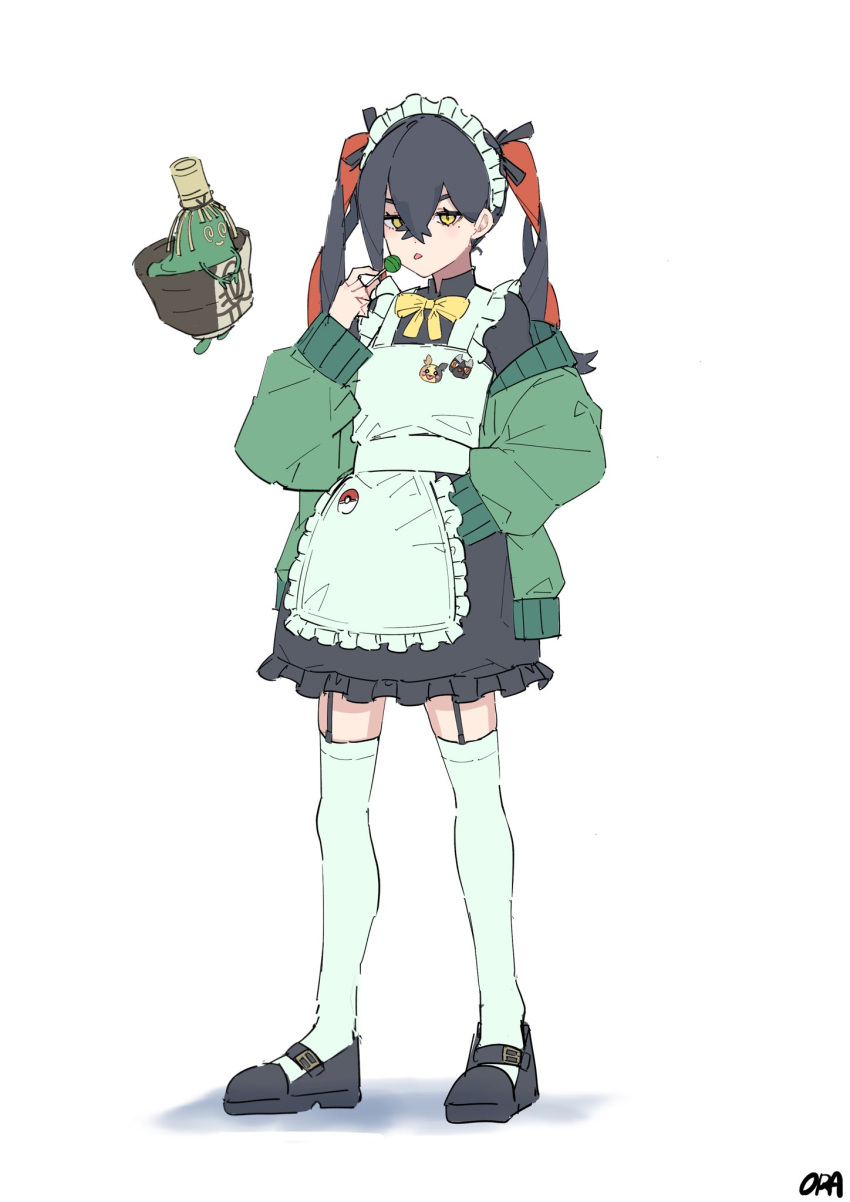 1girl, alternate_costume, apron, artist_name, black_hair, candy, carmine_(pokemon), commentary_request