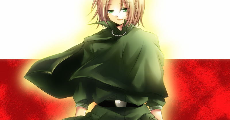aplerichi, axis_powers_hetalia, bad_id, belt, blonde_hair, cape, green_eyes, light_smile