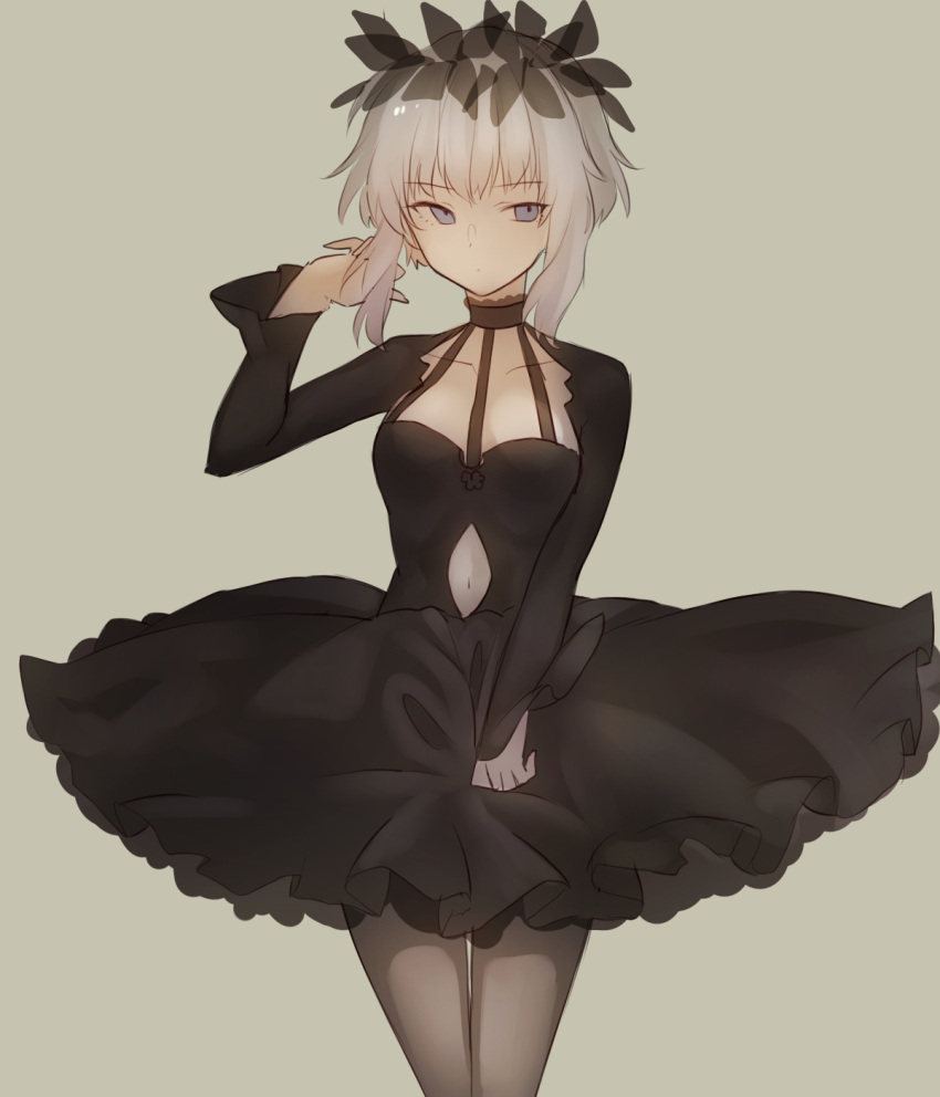 1girl, am_isuel, black_dress, breasts, cleavage_cutout, clothing_cutout, dress, head_wreath