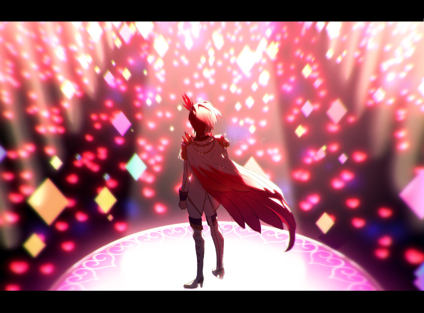1girl, audience, backlighting, boots, cape, epaulettes, facing_away, from_above