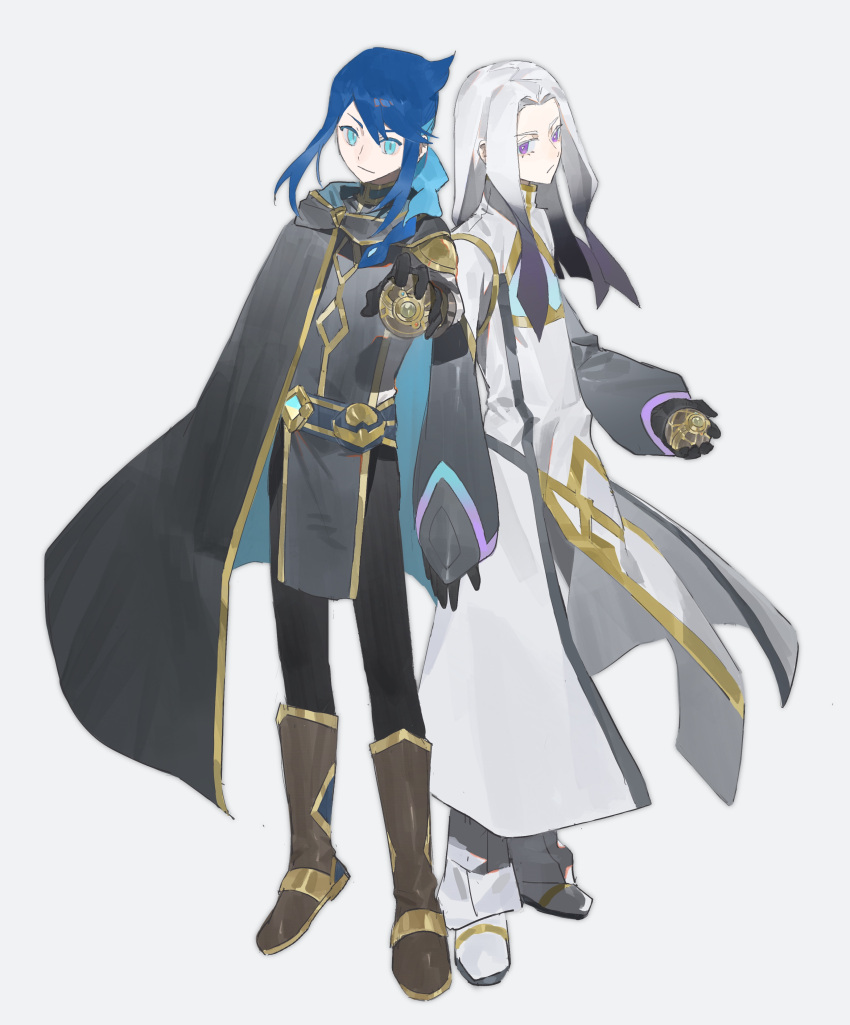 2boys, absurdres, aqua_eyes, black_gloves, black_pants, blue_hair, boots, brown_footwear, cape, closed_mouth, coat, gibeon_(pokemon), gloves, hazel_maier, highres, holding, long_hair, lucius_(pokemon), male_focus, multiple_boys, pants, pokemon, pokemon_(anime), pokemon_horizons, shoes, sidelocks, standing, violet_eyes, white_background, white_hair