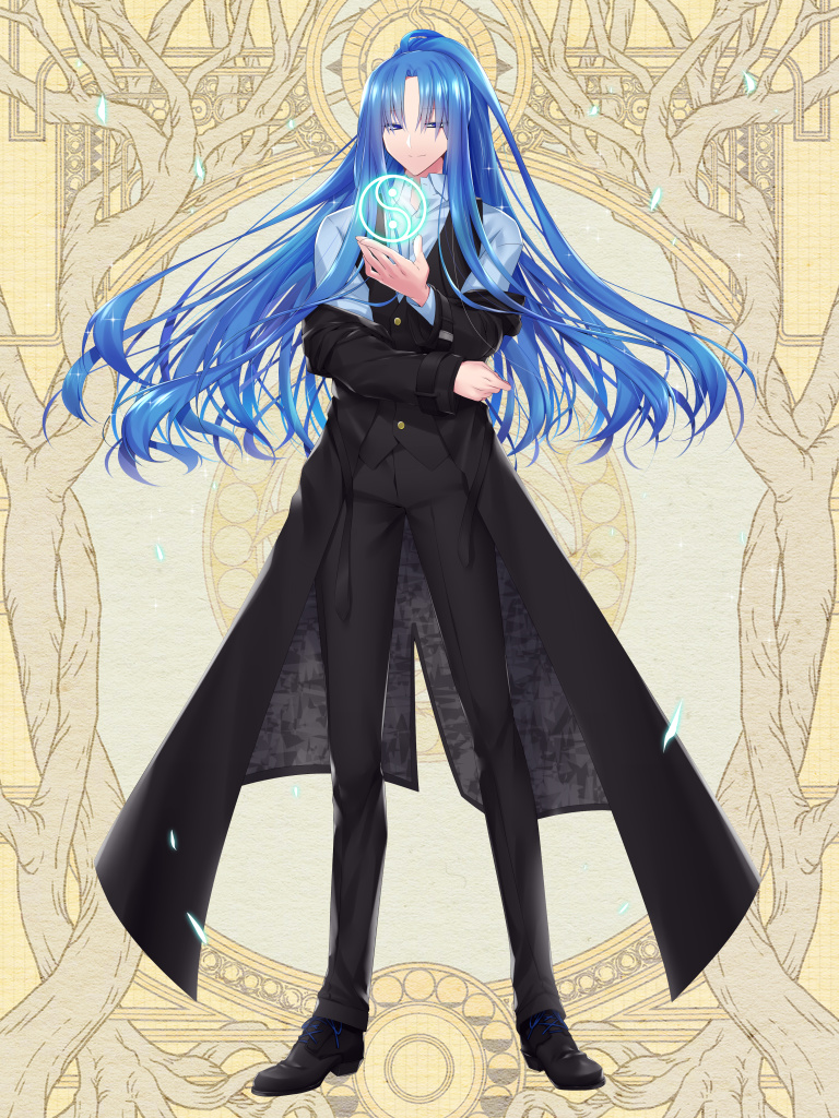 1boy, black_coat, black_footwear, black_pants, black_vest, blue_eyes, blue_hair, blue_shirt