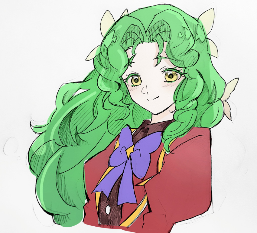 1girl, bow, bowtie, butterfly_hair_ornament, closed_mouth, commentary_request, cropped_torso, drill_hair