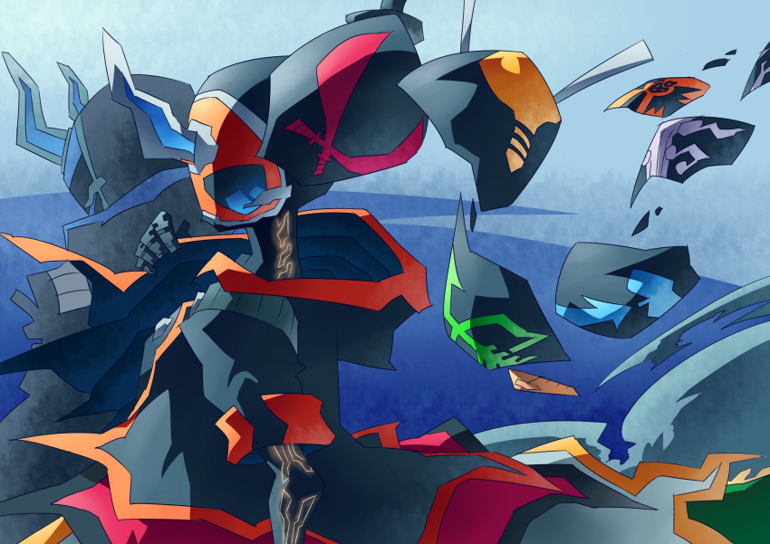 2boys, bow_(weapon), crossed_swords, edison_damashii, highres, horns, kamen_rider, kamen_rider_ghost