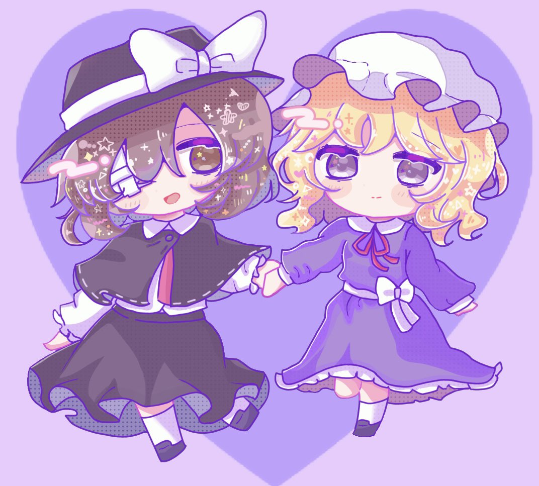 2girls, black_capelet, black_footwear, black_hat, black_skirt, blonde_hair, brown_eyes, brown_hair