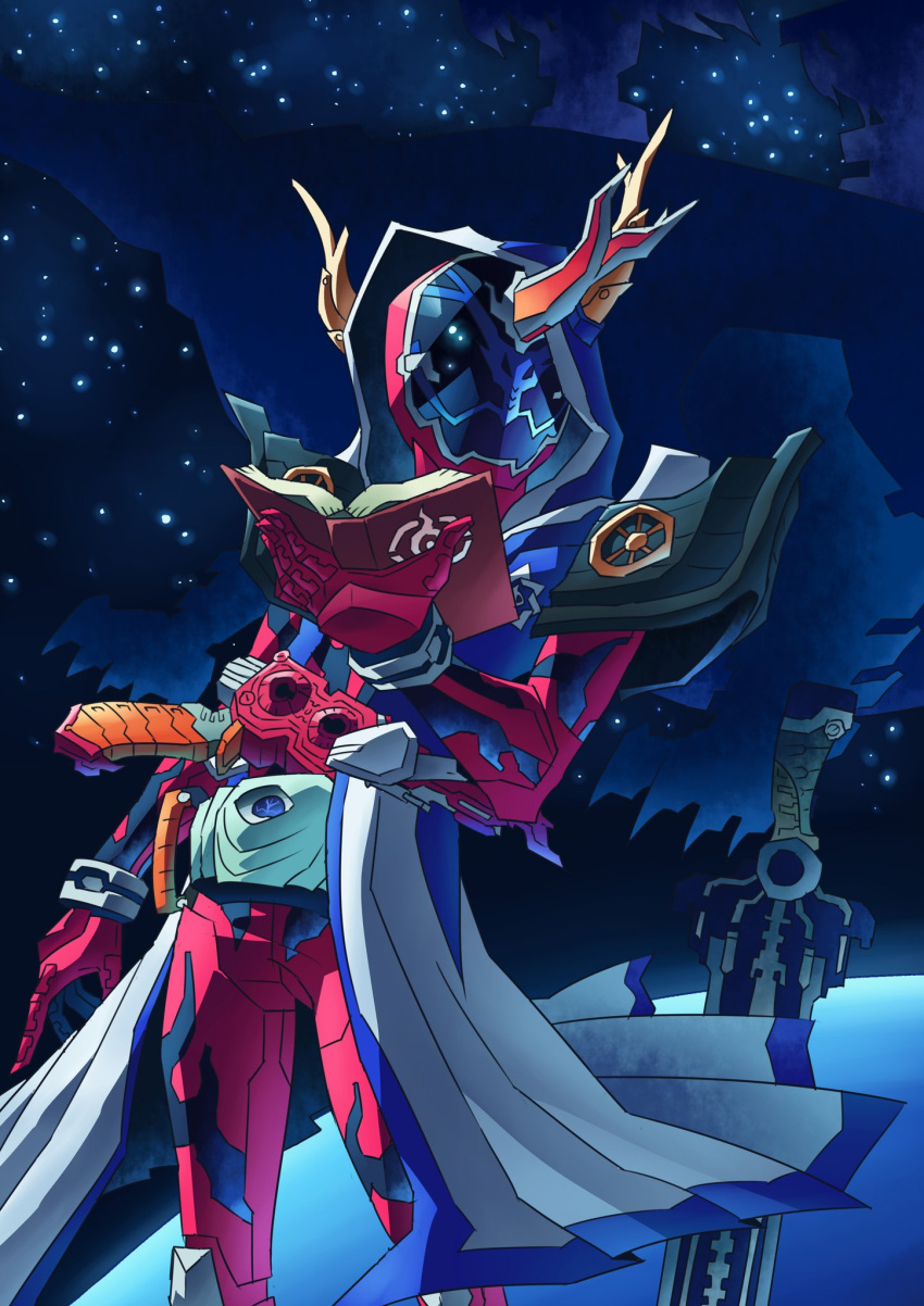 1boy, armor, black_jacket, bodysuit, book, bug, cowboy_shot, driver_(kamen_rider), firefly, flame_print, ghost_driver, gloves, highres, holding, holding_book, holster, holstered, horns, jacket, kamen_rider, kamen_rider_ghost, kamen_rider_ghost_(series), looking_at_viewer, male_focus, mask, night, night_sky, otokamu, parka, planted, planted_sword, powering_up, red_armor, red_bodysuit, red_gloves, rider_belt, ryoma_damashii, single_horn, sky, solo, standing, sword, toucon_boost, weapon