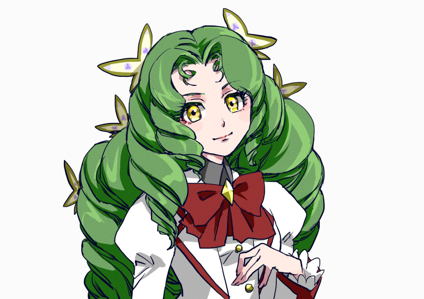 1girl, bow, bowtie, butterfly_hair_ornament, closed_mouth, collared_shirt, commentary_request, drill_hair