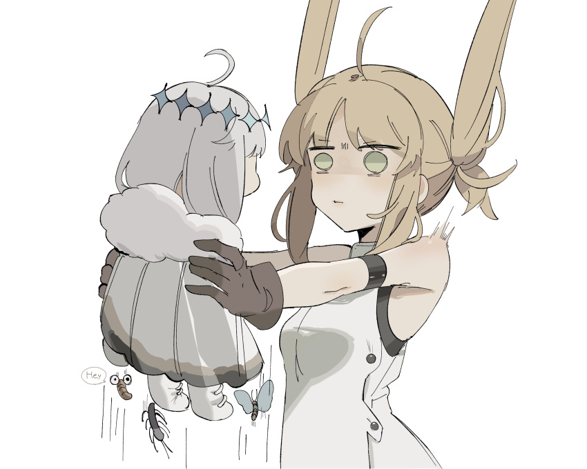 1boy, 1girl, ahoge, artoria_caster_(fate), artoria_caster_(first_ascension)_(fate), artoria_pendragon_(fate), bare_shoulders, blonde_hair, boots, breasts, buttons, closed_mouth, crown, fate/grand_order, fate_(series), fur_trim, green_eyes, grey_hair, hair_between_eyes, highres, holding, long_hair, meme, note_nii, oberon_(fate), small_breasts, twintails, vest, white_background, white_footwear, white_fur, white_vest