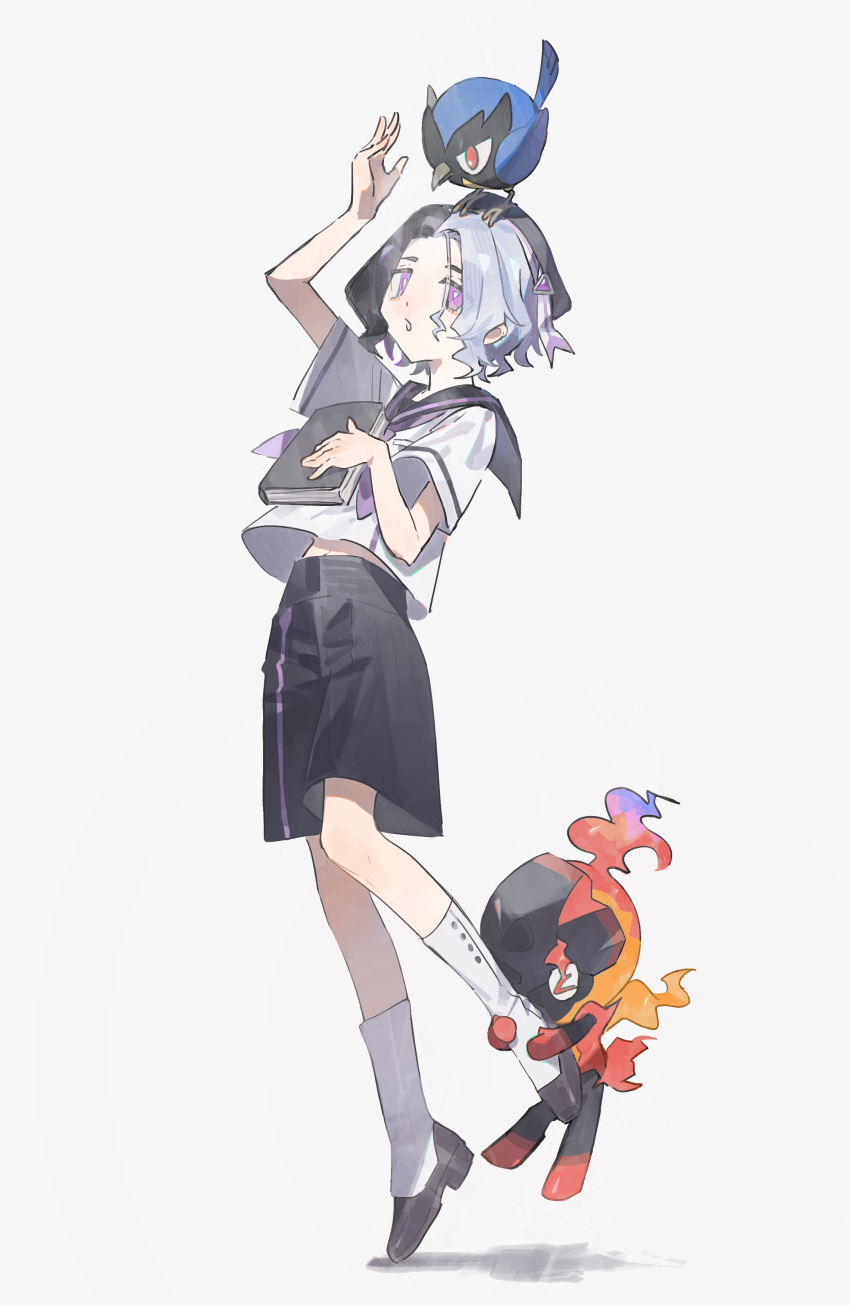 1boy, absurdres, aged_down, amethio_(pokemon), arm_up, beret, black_hat, black_shorts, book, charcadet, commentary_request, hat, hazel_maier, highres, holding, holding_book, male_focus, on_head, parted_lips, pokemon, pokemon_(anime), pokemon_(creature), pokemon_horizons, pokemon_on_head, rookidee, sailor_collar, school_uniform, shirt, shoes, short_sleeves, shorts, socks, violet_eyes, white_shirt, white_socks