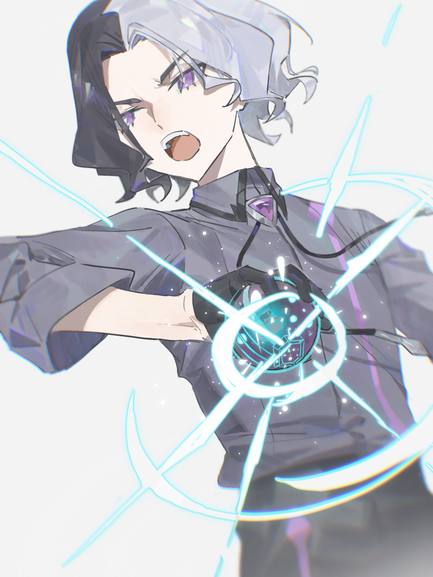 1boy, :o, amethio_(pokemon), black_gloves, bright_pupils, collared_shirt, commentary_request, eyelashes