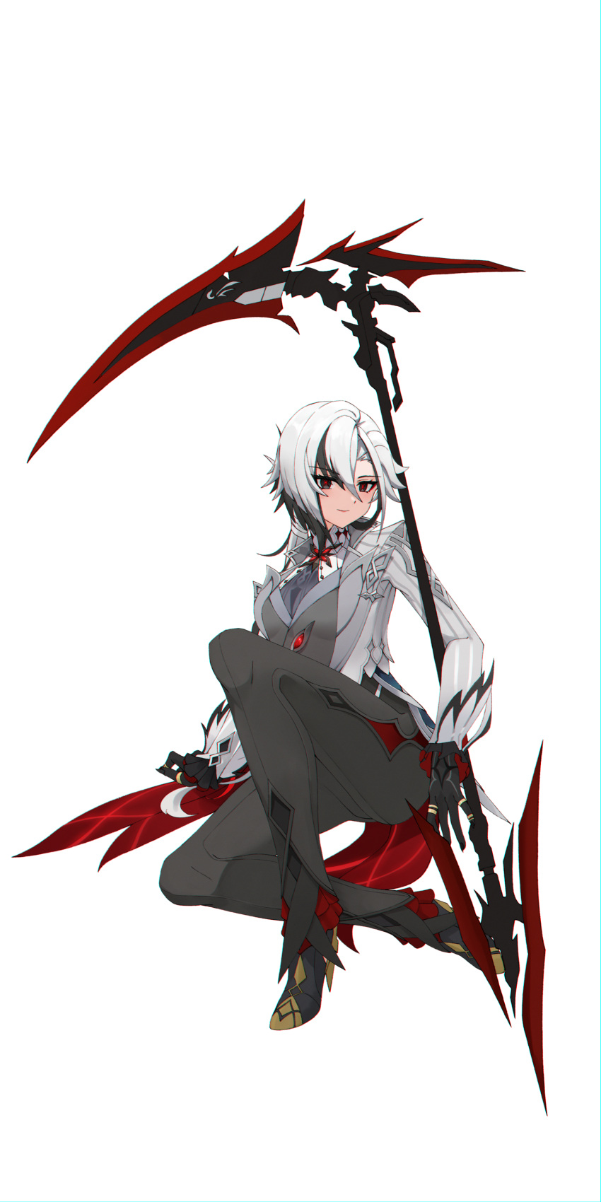 1girl, absurdres, arlecchino_(genshin_impact), arm_support, black_eyes, black_footwear, black_hair, black_hands
