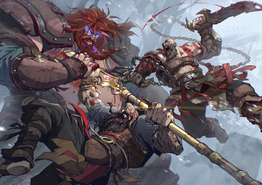 3boys, arm_tattoo, armor, bald, battle, beard, black_beard, blades_of_chaos