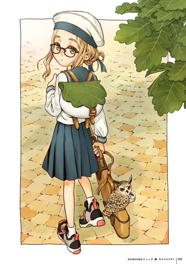 1girl, bird, blonde_hair, blue_ribbon, day, food-themed_bag, full_body, glasses