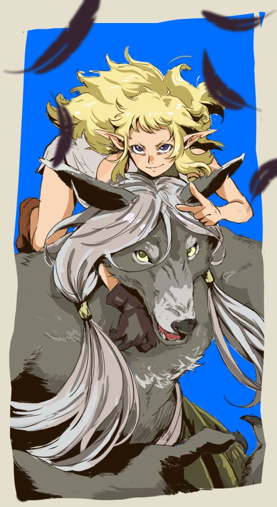 1boy, 1girl, 71, black_gloves, blonde_hair, blue_background, border, claws