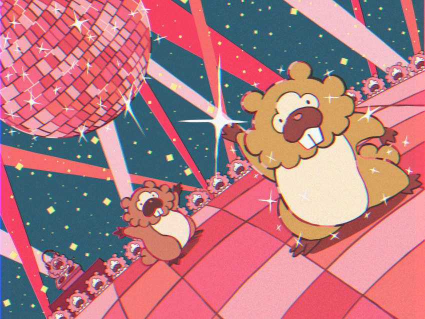bidoof, blue_background, brown_fur, commentary_request, confetti, dance_floor, dancing, debudebumetabo, disco_ball, dj, fangs, headphones, highres, pokemon, pokemon_(creature), sparkle