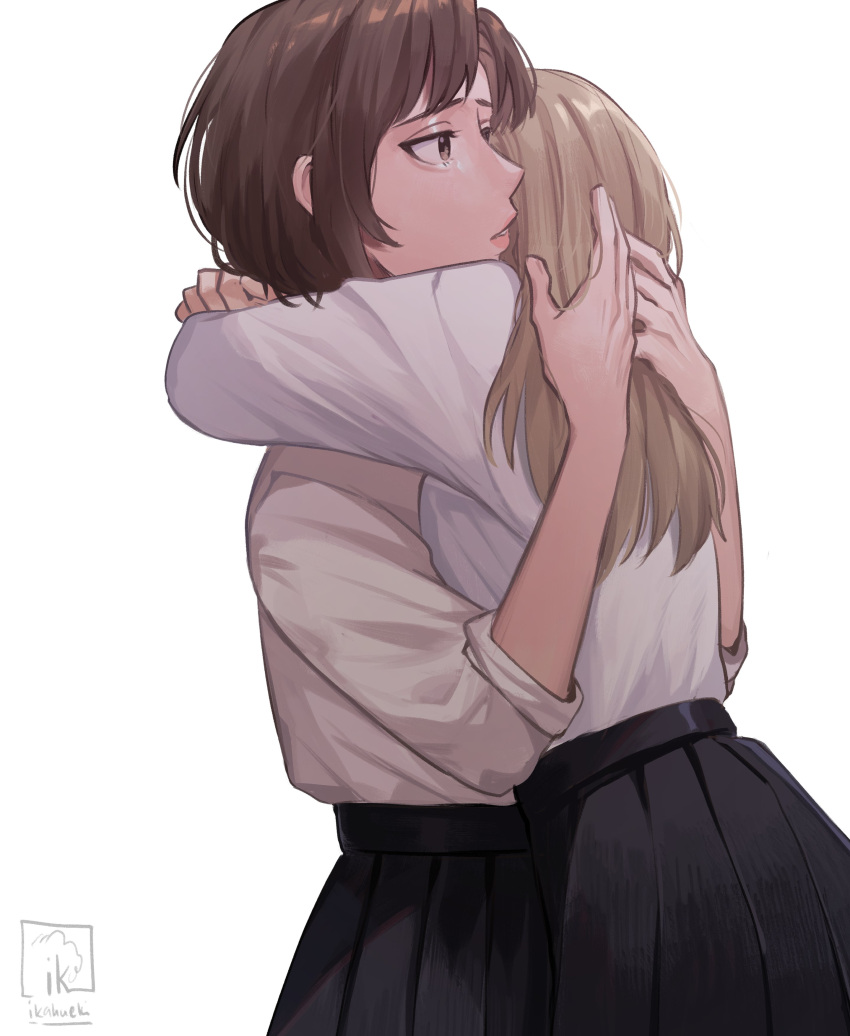 2girls, absurdres, arms_around_neck, artist_logo, artist_name, black_skirt, blonde_hair, brown_eyes