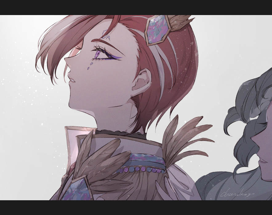 2girls, from_side, grey_background, hanayashiki_midoriko, ko_(kochan_pr), letterboxed, looking_ahead, multicolored_hair