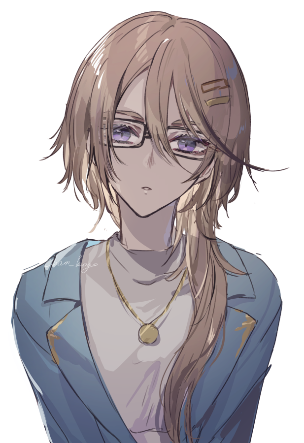 1girl, blue_jacket, brown_hair, commentary_request, glasses, grey_shirt, hair_between_eyes, hair_over_shoulder, jacket, jewelry, ko_(kochan_pr), long_hair, looking_at_viewer, necklace, parted_lips, shirt, simple_background, solo, sumeragi_amane_(pretty_series), upper_body, violet_eyes, white_background