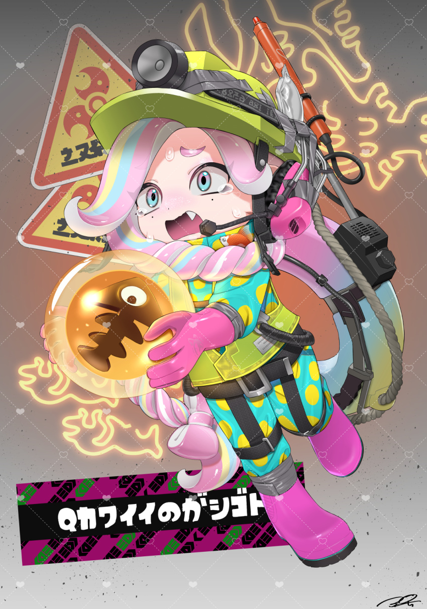 1girl, blonde_hair, blue_eyes, blue_hair, boots, bow-shaped_hair, commission, curly_hair, duct_tape, egg, english_commentary, fang, furrowed_brow, gloves, golden_egg, green_helmet, headphones, high-visibility_vest, highres, holding, holding_egg, lifebuoy, long_hair, mining_helmet, mole, mole_under_eye, multicolored_hair, octoling, octoling_girl, octoling_player_character, open_mouth, pink_eyes, pink_footwear, pink_gloves, pink_hair, puchiman, rubber_boots, rubber_gloves, salmon_run_(splatoon), signature, solo, splashtag_(splatoon), splatoon_(series), splatoon_3, standing, standing_on_one_leg, swim_ring, tearing_up, tentacle_hair, tripping, two-tone_eyes, vest, yellow_vest