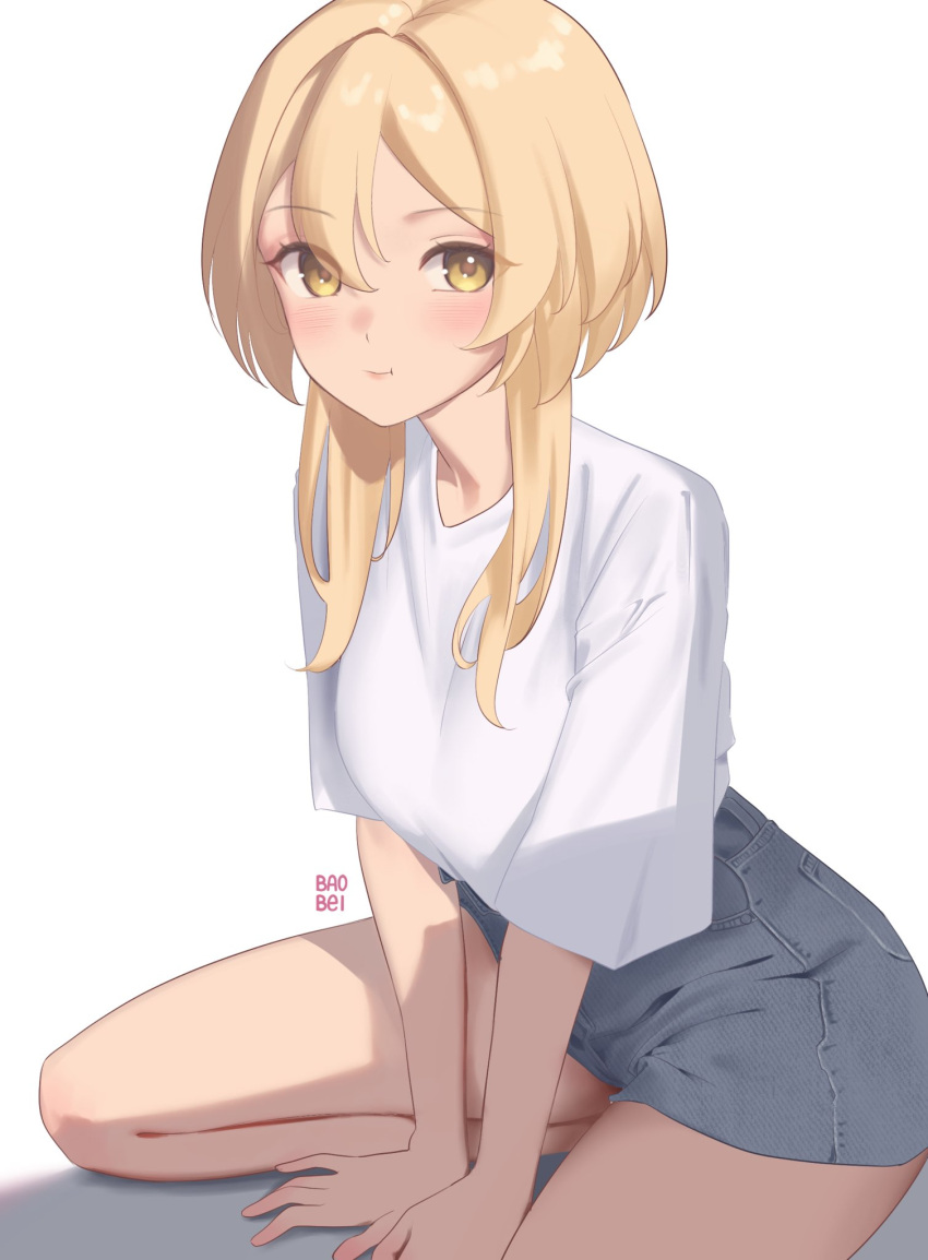 1girl, alternate_costume, artist_name, baobei_(baobei_bu), blonde_hair, blush, breasts, closed_mouth