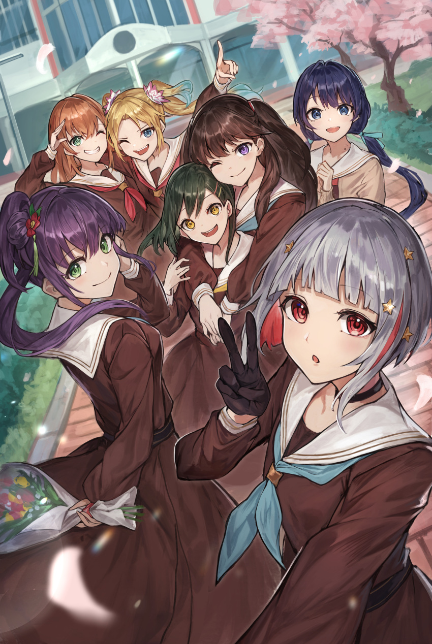 6+girls, ;), ;d, absurdres, aqua_eyes, aqua_neckerchief, arm_behind_back, arm_up, arms_around_neck, black_choker, black_gloves, blonde_hair, blue_eyes, blue_hair, blue_ribbon, blunt_bangs, bob_cut, bouquet, breasts, brown_cardigan, brown_dress, brown_hair, cardigan, cherry_blossoms, chestnut_mouth, choker, closed_mouth, colored_inner_hair, commentary, crossed_bangs, dark_blue_hair, dress, dutch_angle, everyone, falling_petals, fang, flower, flower_wrapper, fujishima_megumi, gloves, gradient_hair, green_eyes, green_hair, grey_hair, grin, group_picture, hair_bun, hair_flower, hair_ornament, hair_ribbon, hairclip, half_gloves, hand_on_own_head, hand_up, hasu_no_sora_school_uniform, highres, hinoshita_kaho, holding, holding_bouquet, in-universe_location, index_finger_raised, inverted_bob, light_blue_hair, link!_like!_love_live!, long_hair, long_sleeves, looking_at_viewer, love_live!, low_twintails, medium_breasts, medium_hair, mole, mole_on_neck, multicolored_hair, multiple_girls, murano_sayaka, neckerchief, one_eye_closed, oogami_sachi, open_cardigan, open_clothes, open_mouth, orange_hair, osawa_rurino, otomune_kozue, own_hands_clasped, own_hands_together, parted_bangs, petals, pink_flower, pink_petals, pleated_dress, pointing, pointing_up, popupi_12, purple_hair, red_eyes, red_flower, red_neckerchief, redhead, ribbon, sailor_collar, sailor_dress, salute, school_uniform, selfie, short_hair, side_ponytail, sidelocks, single_side_bun, smile, star_(symbol), star_hair_ornament, streaked_hair, swept_bangs, teeth, twintails, two_side_up, upper_teeth_only, v, violet_eyes, virtual_youtuber, white_flower, white_sailor_collar, winter_uniform, yellow_eyes, yellow_neckerchief, yugiri_tsuzuri