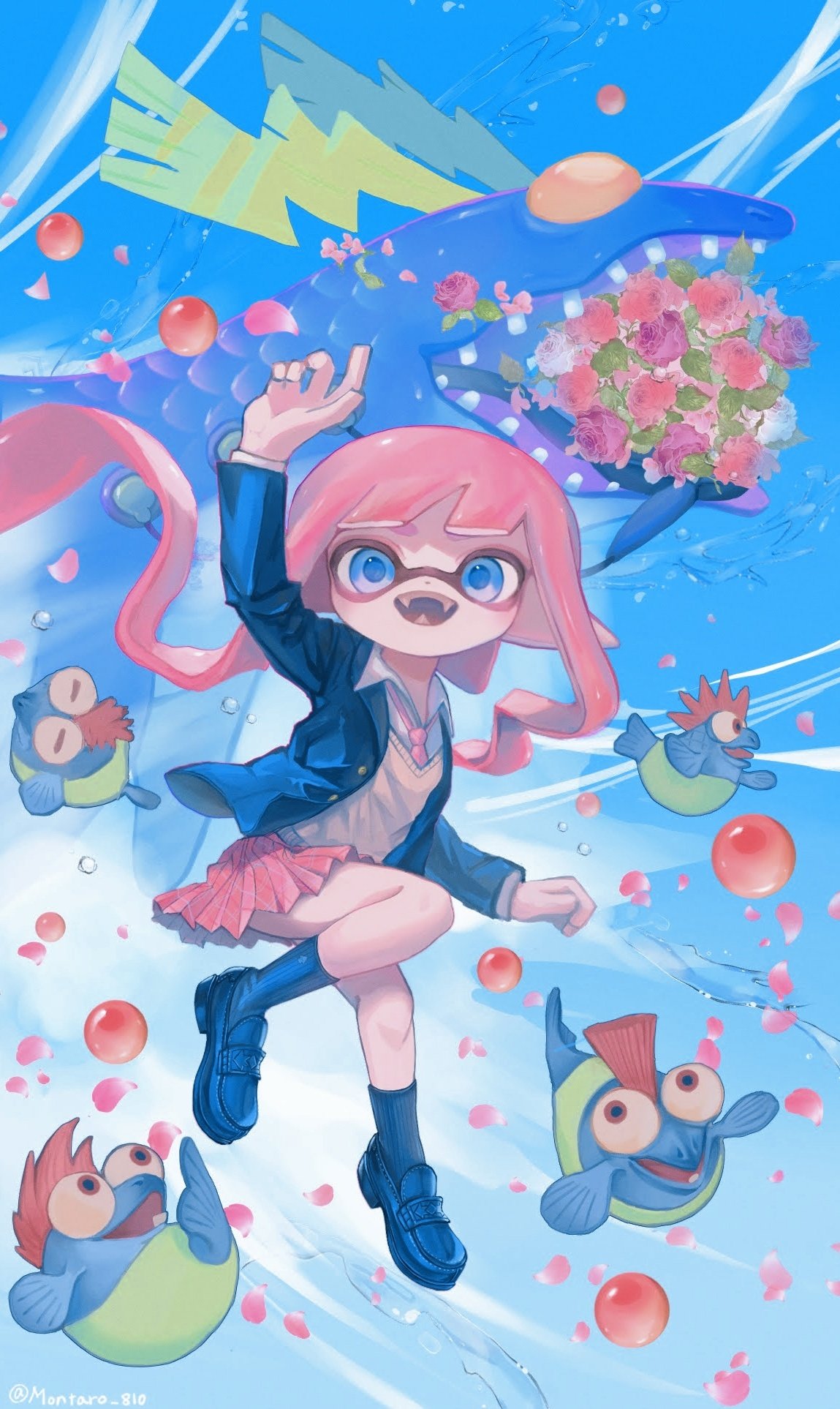1girl, :d, animal, arm_up, blazer, blue_eyes, blue_footwear, blue_jacket