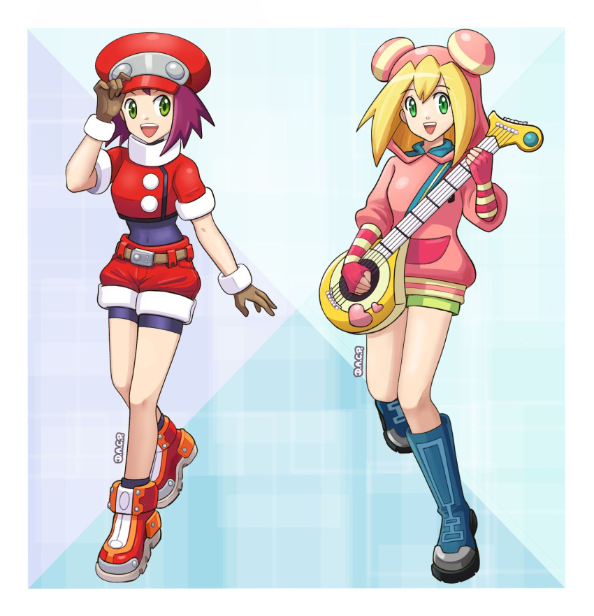 2girls, adjusting_clothes, adjusting_headwear, artist_name, black_bodysuit, blonde_hair, blue_footwear, bodysuit, bodysuit_under_clothes, boots, breasts, cabbie_hat, cosplay, costume_switch, cropped_jacket, deniacp, full_body, green_eyes, green_shorts, guitar, hat, highres, holding, holding_guitar, holding_instrument, hood, hoodie, instrument, jacket, looking_at_viewer, medium_breasts, medium_hair, mega_man_(series), mega_man_legends_(series), mega_man_star_force, multiple_girls, pink_hoodie, purple_hair, red_footwear, red_hat, red_jacket, red_shorts, roll_caskett_(mega_man), roll_caskett_(mega_man)_(cosplay), short_hair, shorts, sonia_strumm_(mega_man), sonia_strumm_(mega_man)_(cosplay)