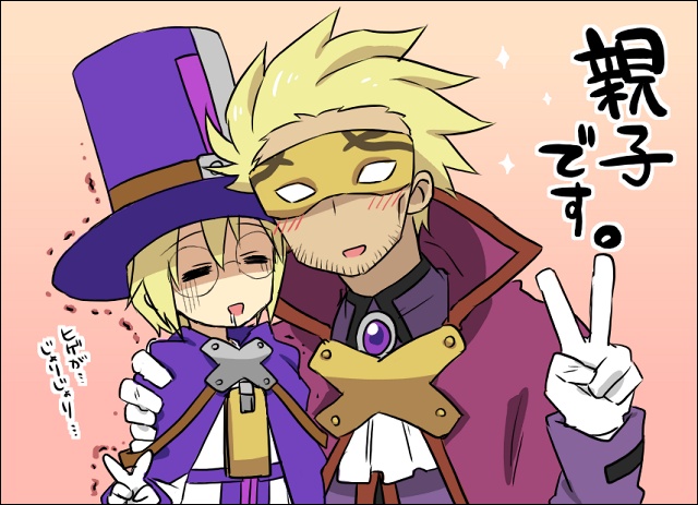 blazblue, blonde_hair, carl_clover, father_and_son, glasses, gloves, hat, male