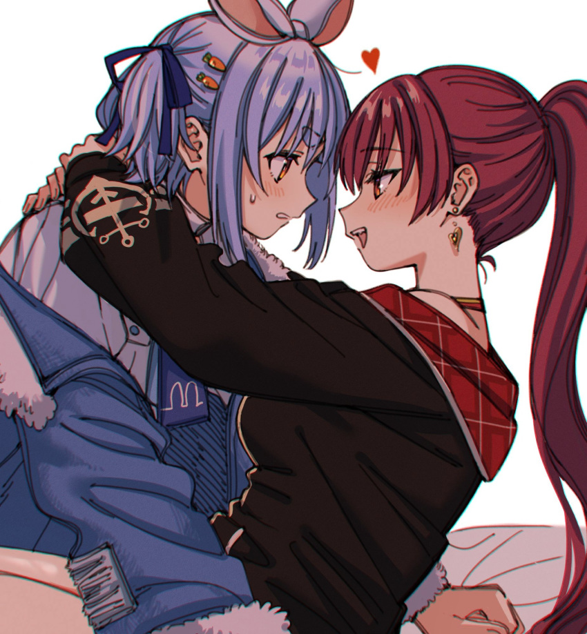 2girls, animal_ears, arms_around_neck, black_jacket, blue_jacket, blue_ribbon, blush, carrot_hair_ornament