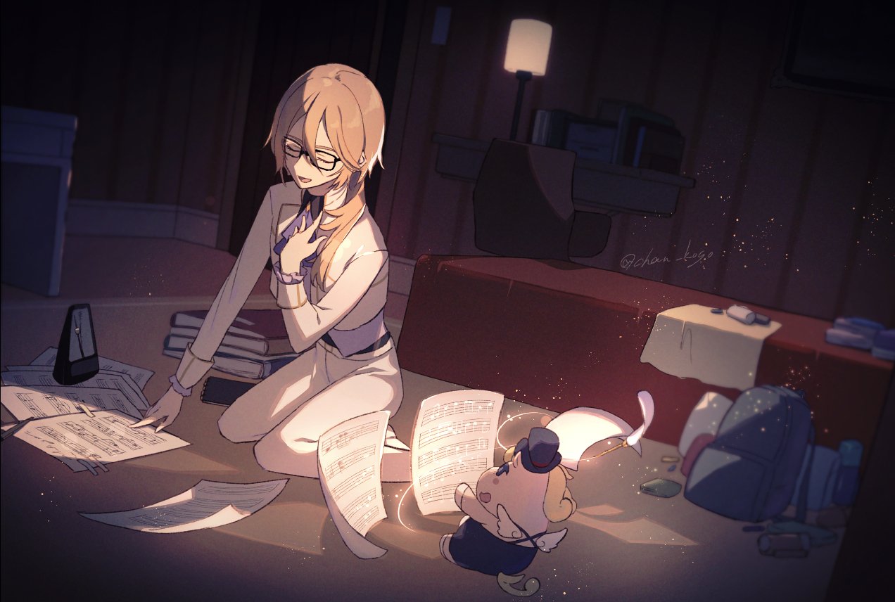 ascot, backpack, bag, bed, book, book_stack, brown_hair, dark_room