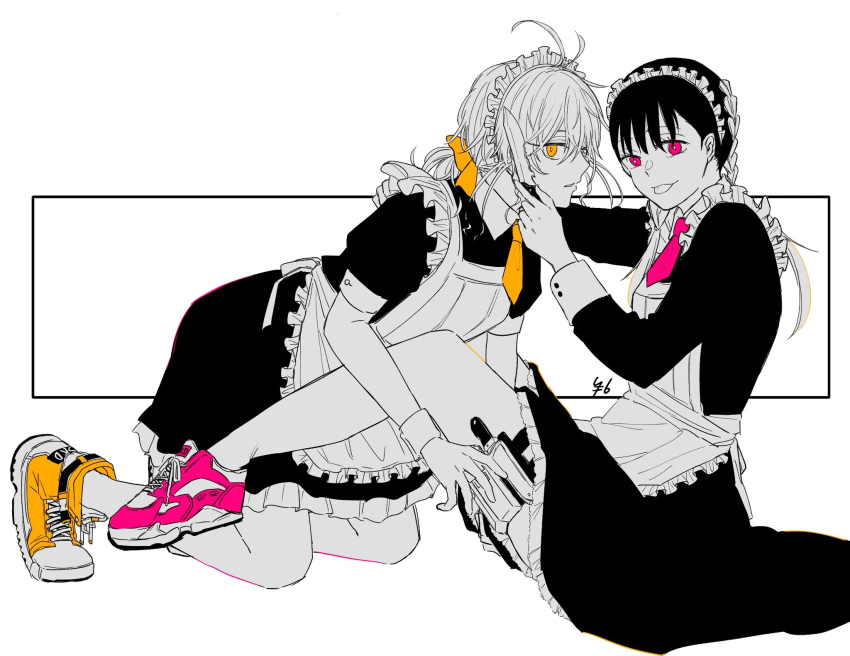 akao_akira, gloves, highres, holding, holding_knife, holster, implied_yuri, knife, knife_in_hair, lace, maid, pink_eyes, pink_footwear, rokuen_skd, sakamoto_days, shoes, sneakers, thigh_holster, threat, tongue, tongue_out, toramaru_nao, white_background, yellow_eyes, yellow_footwear