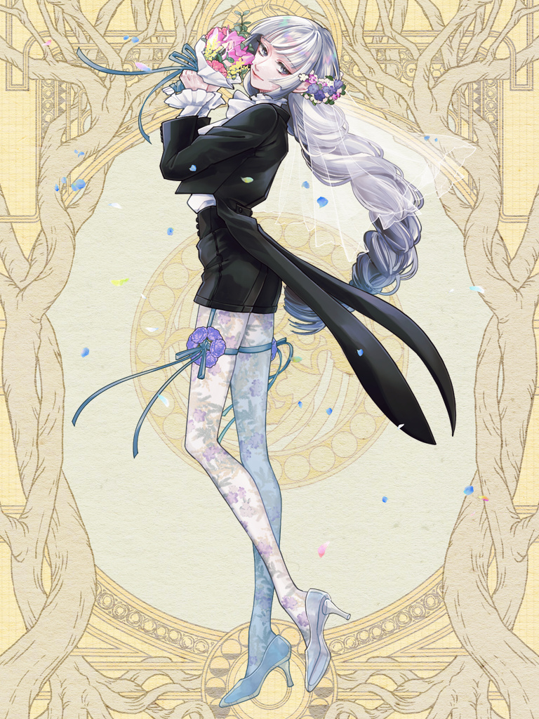 1boy, androgynous, arched_back, ascot, black_coat, black_shorts, blunt_bangs, bouquet