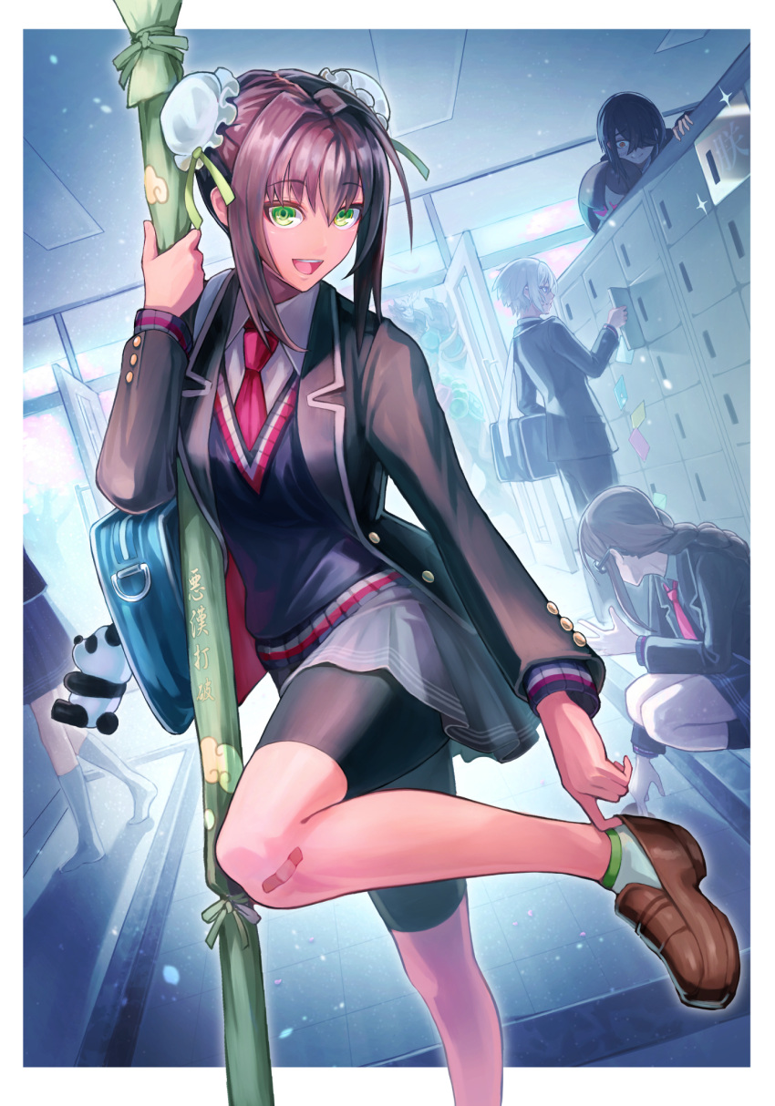 1boy, 1other, 3girls, alternate_costume, black-framed_eyewear, black_hair, black_jacket, blue_eyes, braid, breasts, briefcase, brown_hair, bun_cover, centaur, character_doll, collared_shirt, double_bun, fate/grand_order, fate_(series), glasses, green_eyes, green_ribbon, grey_hair, hair_bun, hair_over_one_eye, harnetyss, highres, jacket, long_braid, long_hair, love_letter, multiple_girls, necktie, open_clothes, open_jacket, prince_of_lan_ling_(fate), qin_liangyu_(fate), ribbon, school, school_briefcase, school_uniform, shirt, short_hair, sidelocks, single_braid, skirt, sweater_vest, taur, white_shirt, xiang_yu_(fate), xu_fu_(fate), yellow_eyes, yu_mei-ren_(fate)