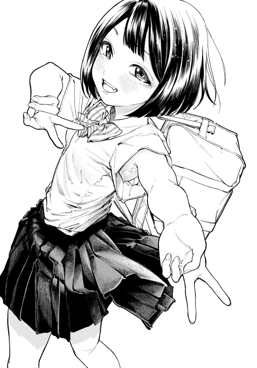 1girl, bag, blush, bow, bowtie, collared_shirt, double_v, greyscale