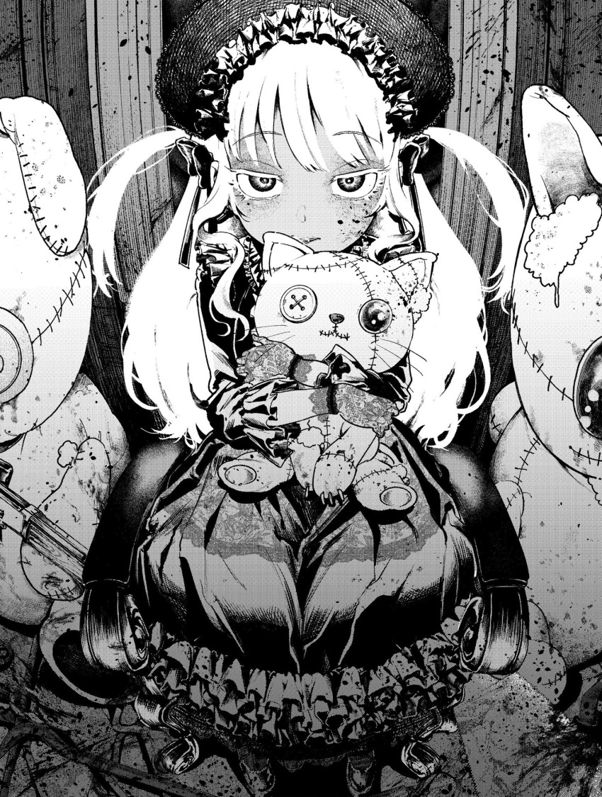 1girl, bonnet, dress, expressionless, frilled_dress, frills, gloves, greyscale