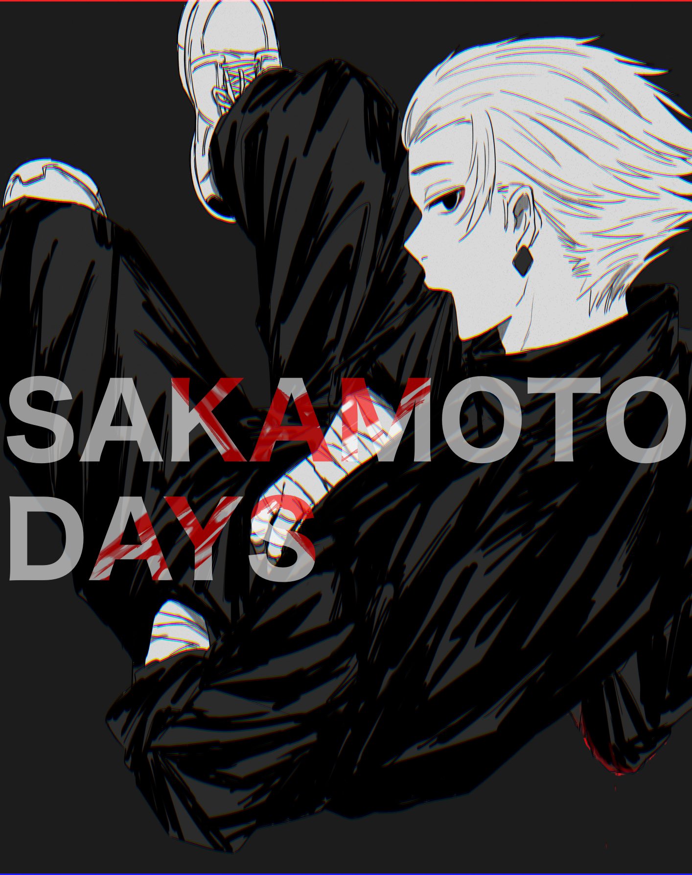 1boy, bandaged_arm, bandaged_hand, bandages, black_background, black_jacket, black_pants, blood