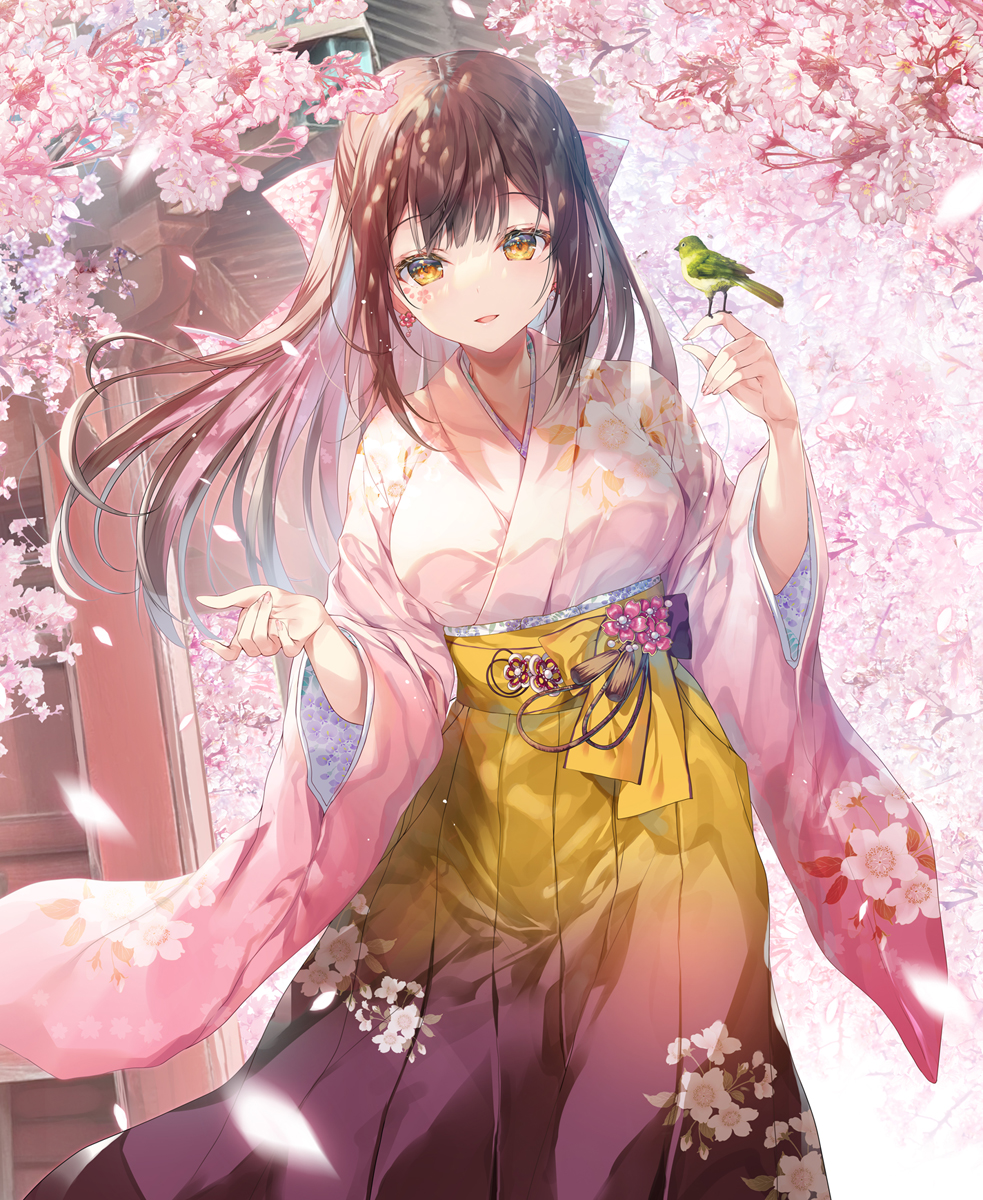 1girl, animal, animal_on_finger, bird, bird_on_hand, breasts, brown_hair, cherry_blossoms, commentary_request, earrings, floating_hair, floral_print, flower_earrings, gradient_hakama, hakama, hakama_skirt, hand_up, highres, japanese_clothes, jewelry, kimono, long_hair, long_sleeves, medium_breasts, miwabe_sakura, multicolored_hair, orange_eyes, original, pink_hair, pink_kimono, print_hakama, print_kimono, purple_hakama, skirt, solo, two-tone_hair, very_long_hair, wide_sleeves, yellow_hakama