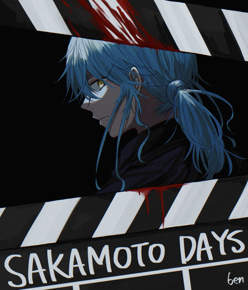 1girl, akao_akira, back_turned, black_background, blood, blood_drip, blue_hair, clapperboard